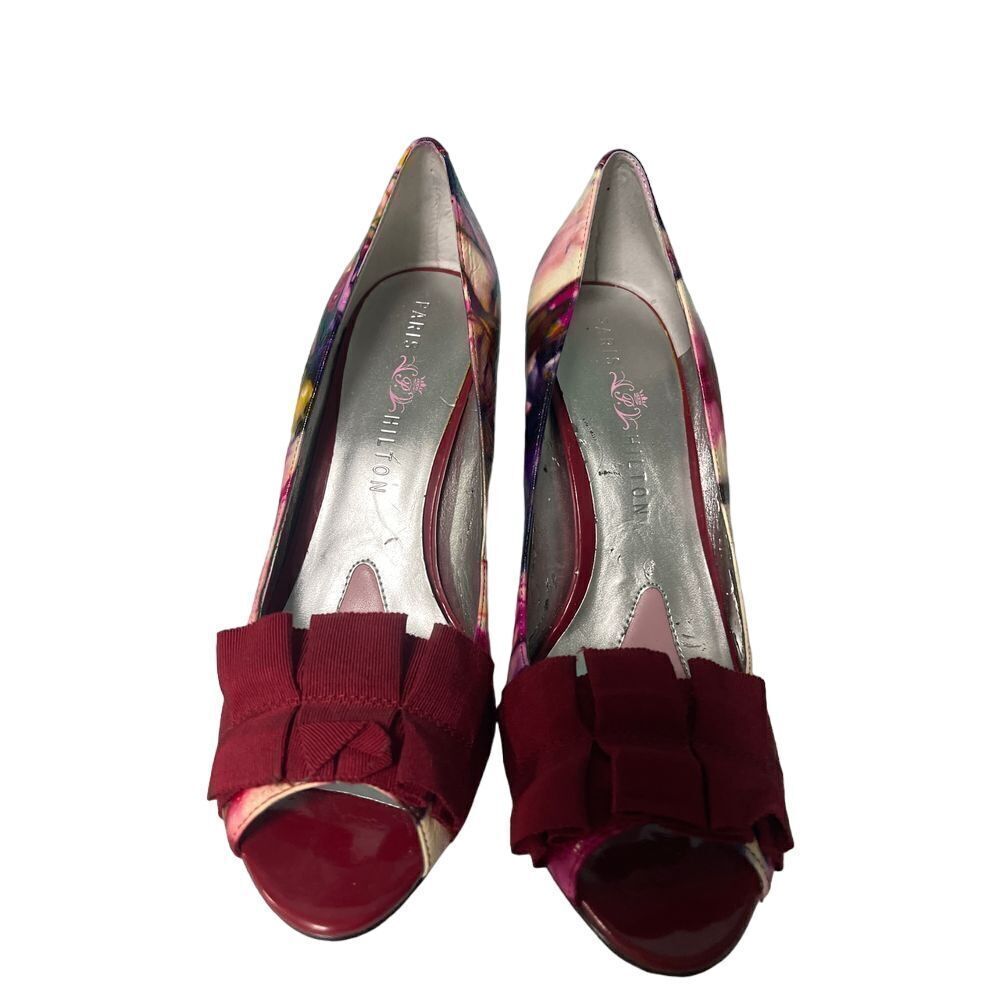 Paris Hilton Colorful Floral Print Peep-Toe Pumps with Burgundy Bow size 10 s189